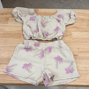 Two-Piece Cream Crop Top & Shorts Set with Pink Palm Print
